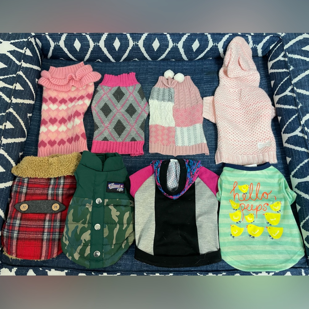 Lot of xx small and x small dog clothing. 8 pieces included.